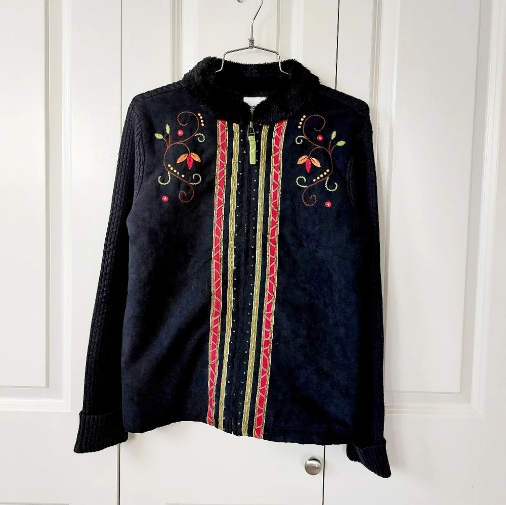 Autumn Vine Leaf Faux Suede Sweater Zip Jacket Petite Medium Breckenridge‎